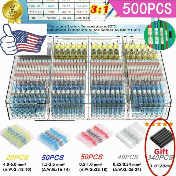 500PCS Solder Sleeve Seal Heat Shrink Butt Wire Connectors Terminals Waterproof