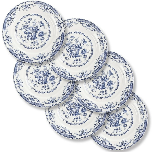 HomeElves Assiettes de Souper, Ensemble de 6 Assiettes en Céramique, Assiettes de Cuisine Allant au Micro-Ondes, Assiette Blanche Dessert Assiette Florale Bleue Porcelaine (Rose Bleue, 10,5 Pouces)