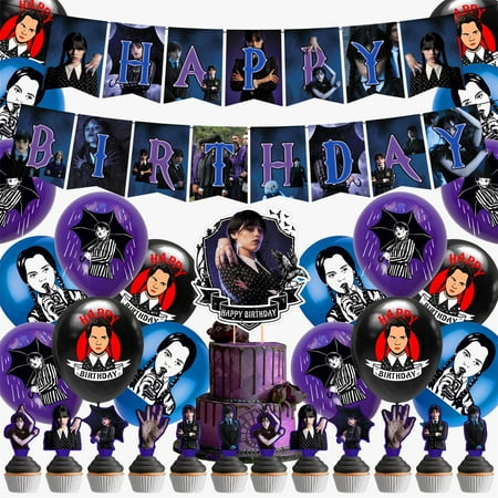 Mercredi Addams Fête d'anniversaire Décoration Enfants Douche Garçons  Filles Vaisselle Fournitures Ballon Gâteau Toppers Toile de fond Cadeaux  2023