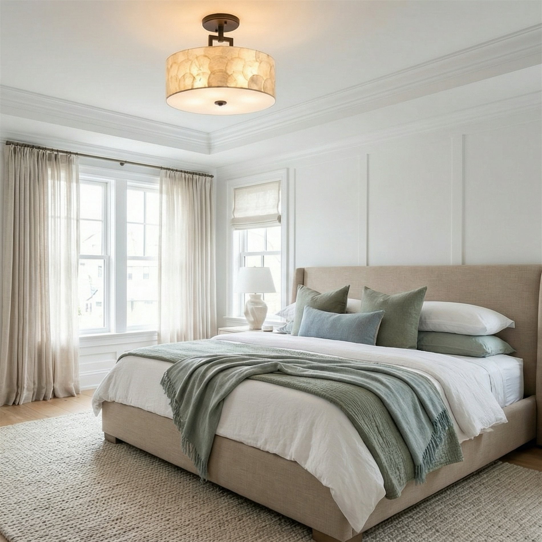 Kira Home Cove 15" Natural Capiz Shell Semi-Flush Mount Ceiling Light, Coastal 3-Light Drum, Oil Rubbed Bronze