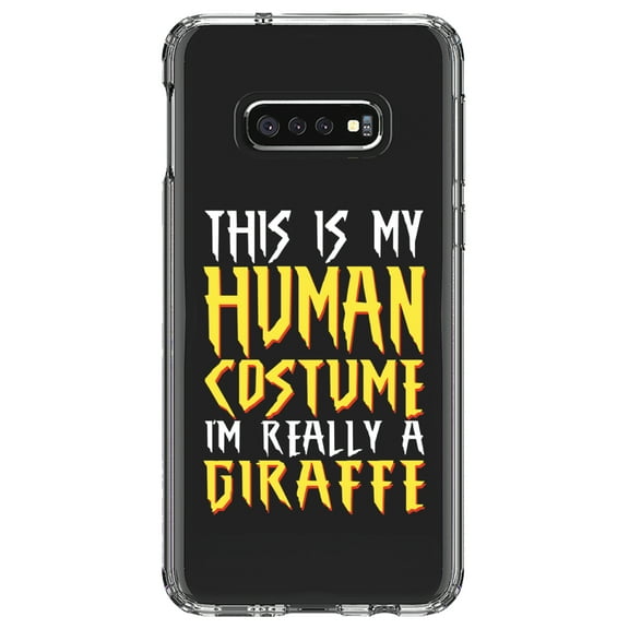 DistinctInk Clear Shockproof Hybrid Case for Samsung Galaxy S10e (5.8" Screen) - TPU Bumper Acrylic Back Tempered Glass Screen Protector - My Human Costume, Really a Giraffe