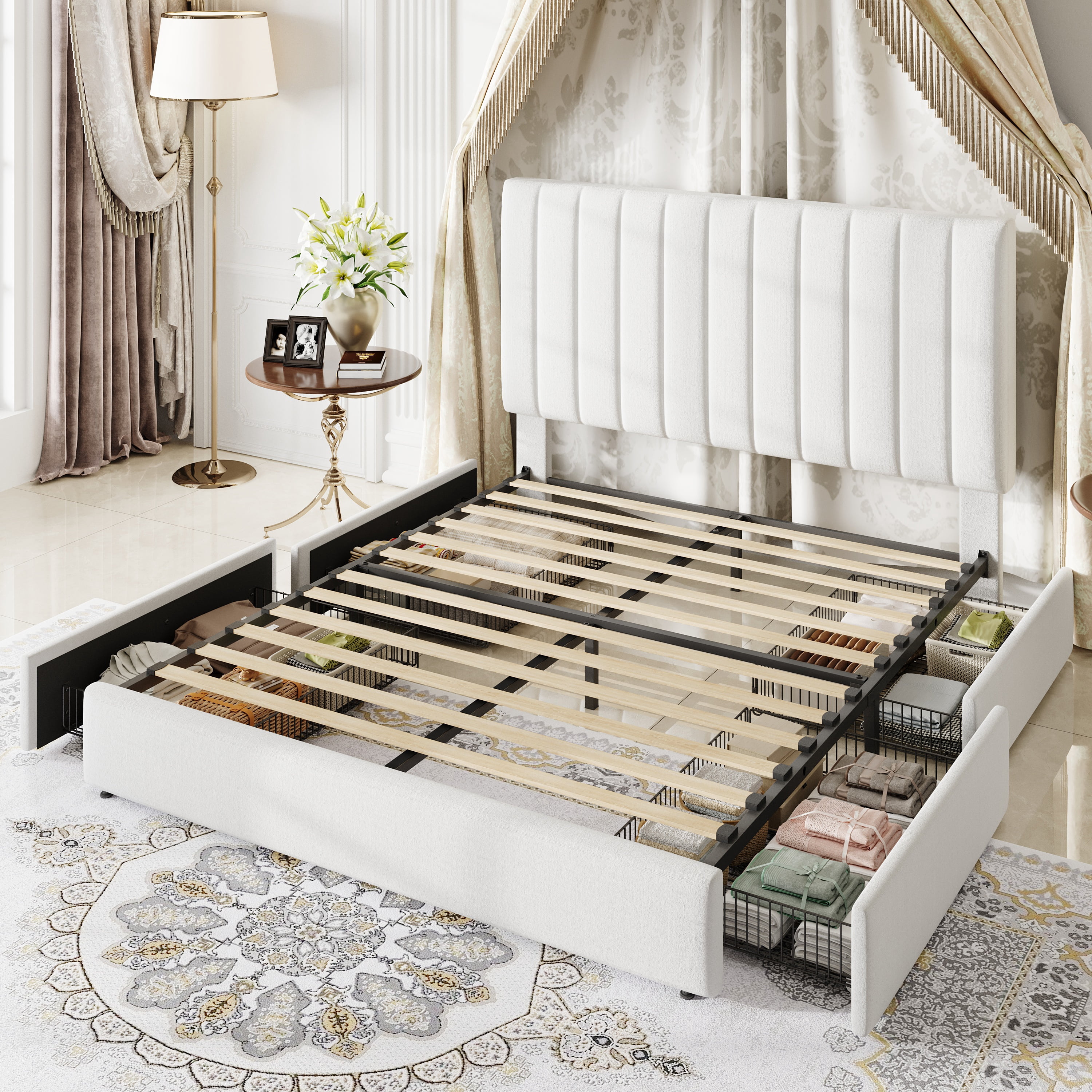 Amolife Queen Bed Frame, Platform Bed with Adjustable Velvet-Wrapped Headboard and 4 Storage Drawers, No Box Spring Required, White