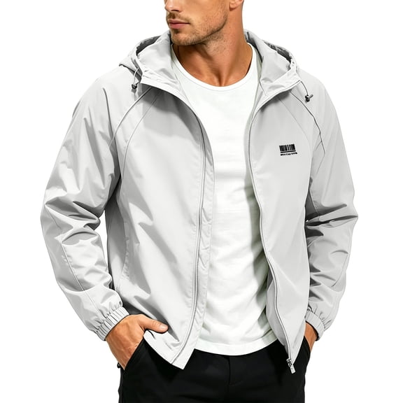 Eltusu Men's Windbreaker Jackets, Solid Color Long Sleeve Zipper Waterproof Men's Jacket with Hoods White Size XL