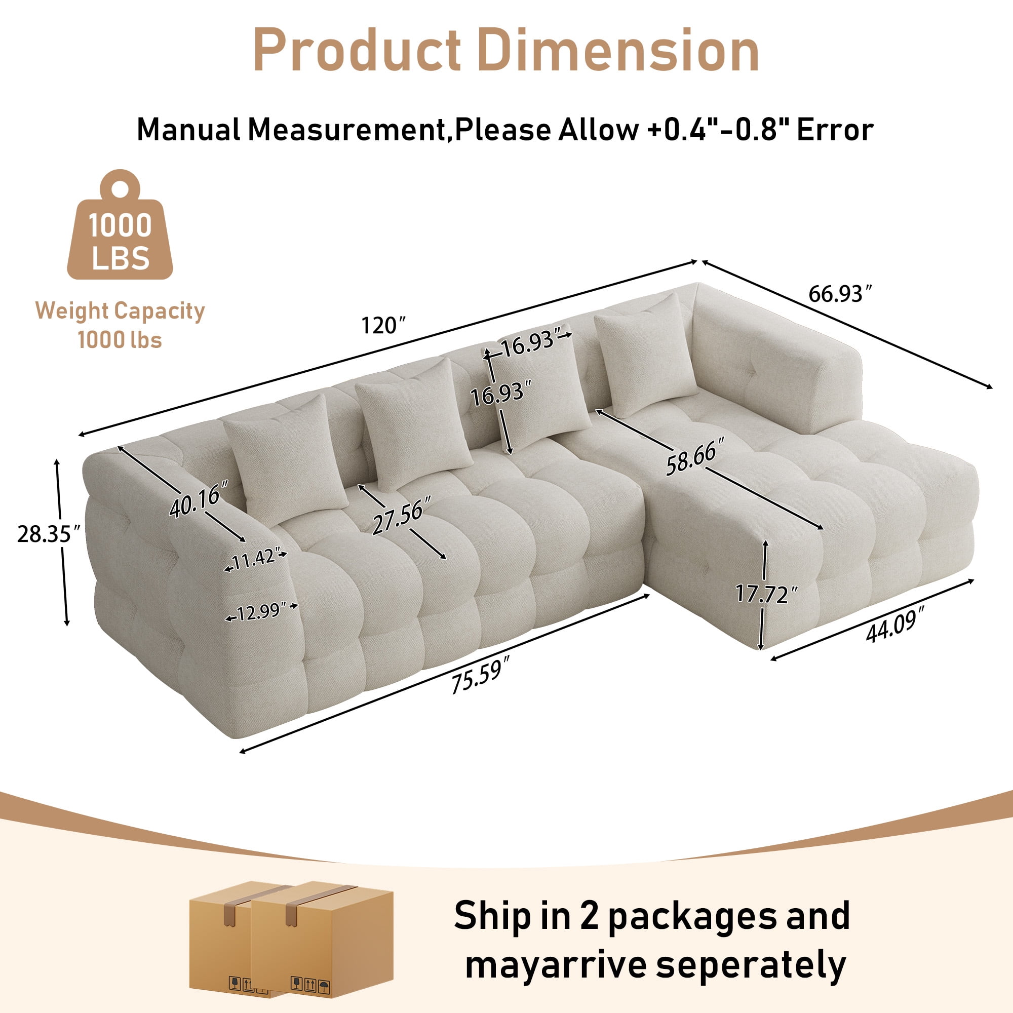 Wiilayok 120" Boneless Oversized Cloud Couch, Right Facing L-Shaped Chenille Sectional Sofa with Chaise Lounge, Deep Seat Upholstered Living Room Sofa with 4 Pillows, No Assembly, Beige