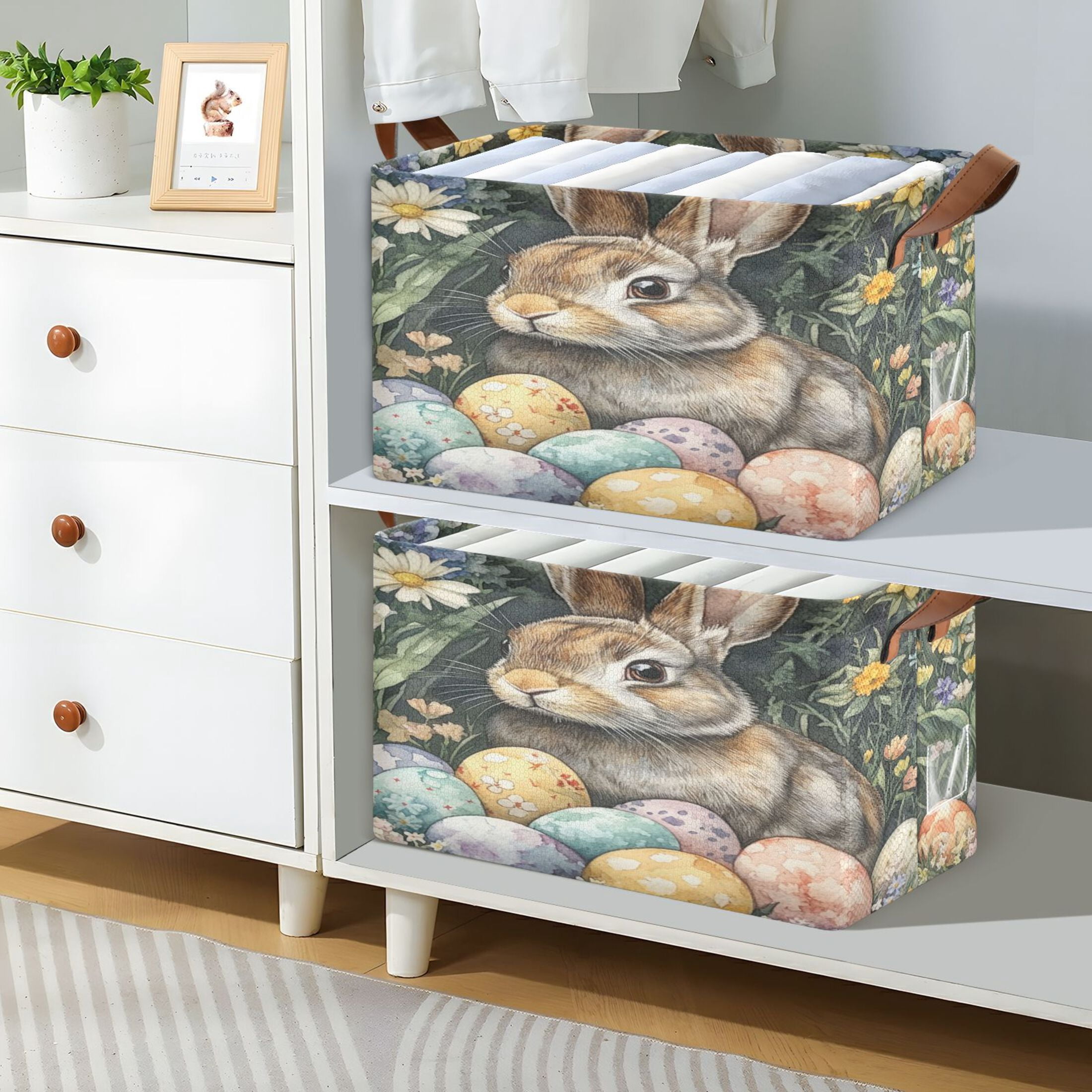 WOBOGO Easter Gray Bunny Storage Basket 16.9×11.4×10in Collapsible Oversized with Metal Iron Frame Set of 1
