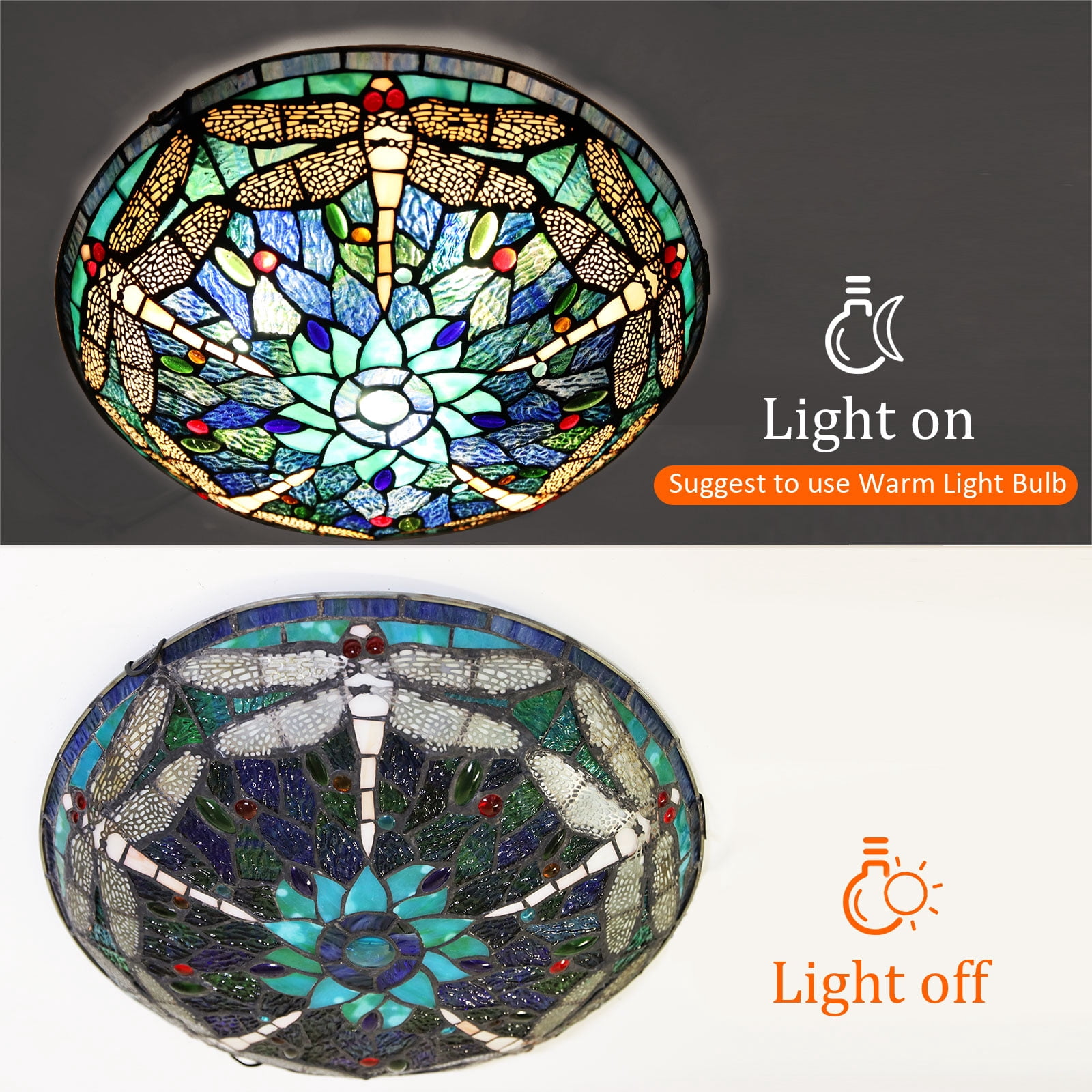 Tiffany Ceiling Light Fixtures Flush Mount 3-Light, 16” Wide Dragonfly Stained Glass Lampshade Ceiling Lamp