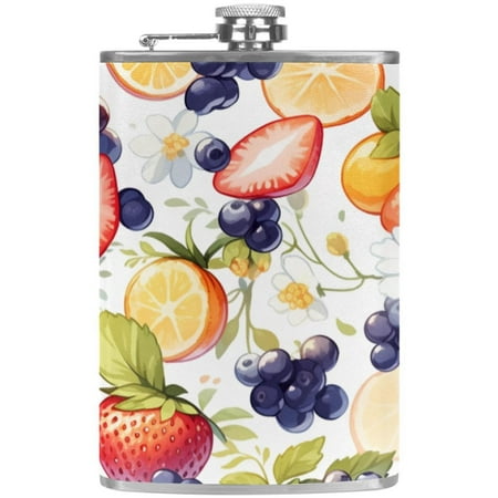 

josid Fruit Party 3.6x6in Stainless Steel Small Flask Leak-Proof Stainless Steel Construction Wrapped in Premium Two-Layer Leather Nano-Printed Design 227ml Capacity