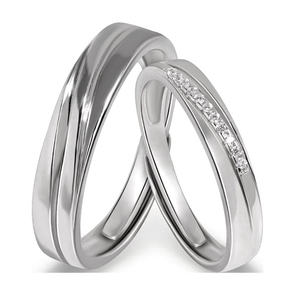 Meissa Sterling Silver His and Hers Ring Set – Smooth Polished Bands with CZ Detail, Classic Couple Jewelry