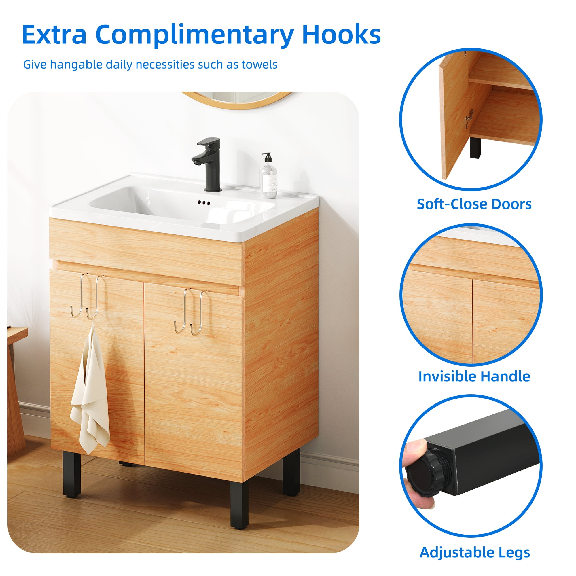 Dextrus 24 Inch Bathroom Vanity with Undermount Sink, Free Standing Bathroom Storage Cabinet with Drain, Oak