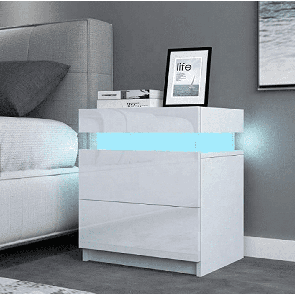 Modern 2 Drawer White High Gloss Nightstands with LED Lights (White