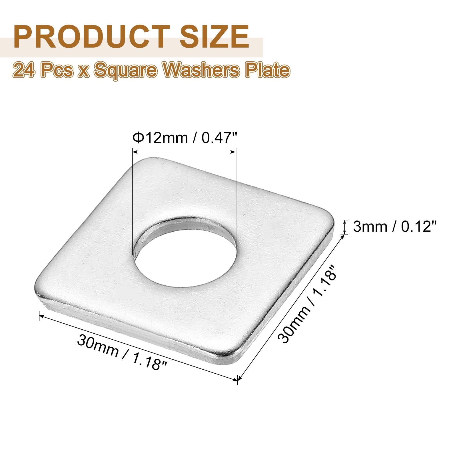 M12x30x3mm Square Washers, 24pcs Square Plate Washers Square Strut Washer Bearing Plate 304 Stainless Steel Flat Pad Spacer Hardware Fastener Nut Bolt Gasket