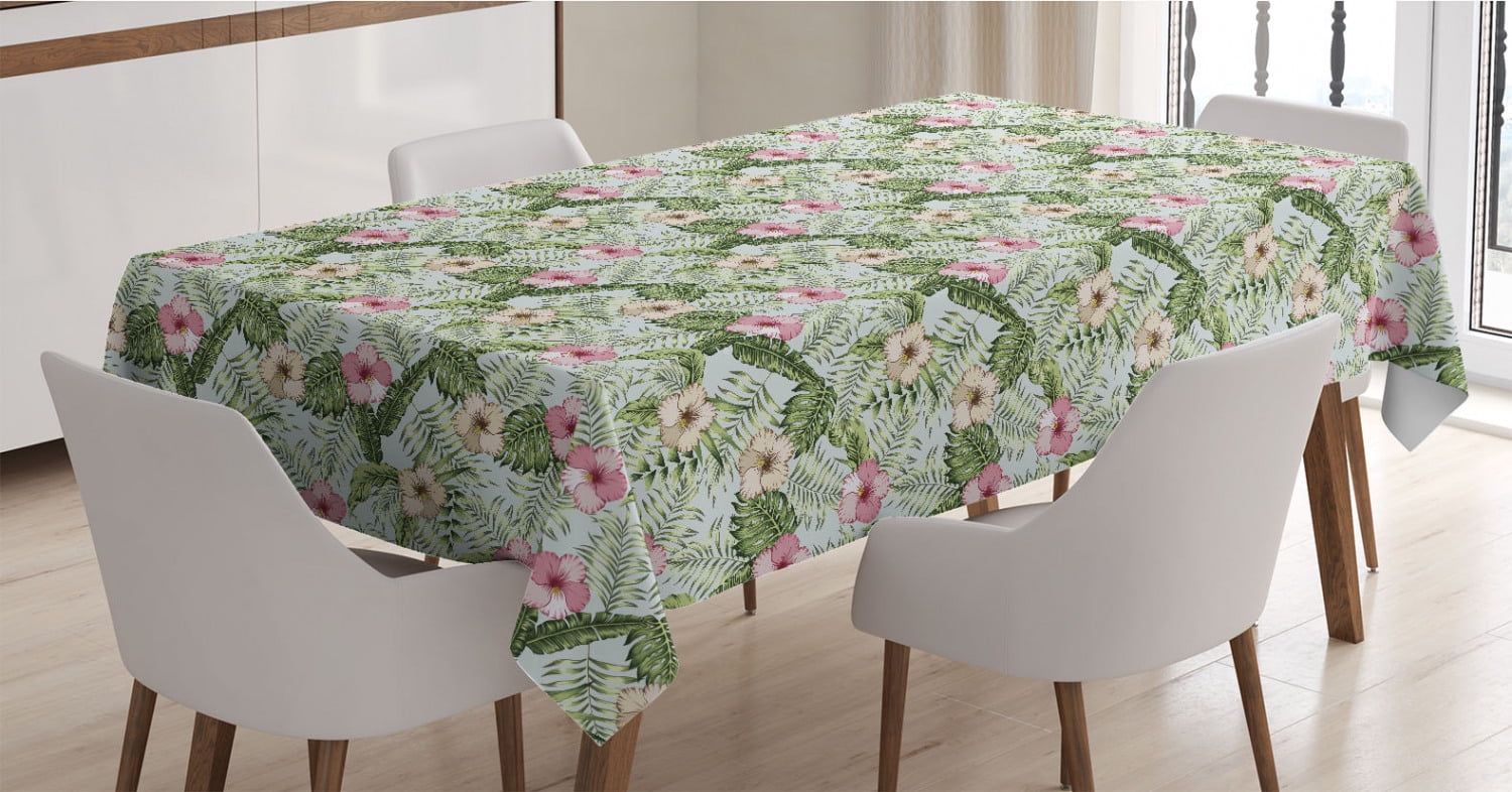 Multicolor 60 X 84 Ambesonne Tropical Tablecloth Bouquet of Hibiscus and Monstera Flowers Realistic Illustration on Dark Background Dining Room Kitchen Rectangular Table Cover