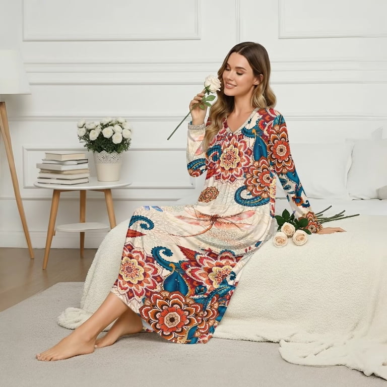 boho night dress Xoenoiee Mandala Dragonfly Print Women's Long Sleeve Nightdress Full Length Soft Sleepwear with Button Comfortable Lounge Wear Nightgown, M Neckline:Scoop Santino Espresso 6 Drawer Cỡ:S Bohemian Print