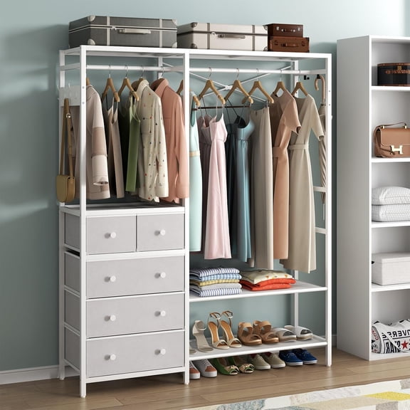 White Freestanding Clothes Rack, Heavy Duty Wardrobe Closet Organizer System with 5 Drawers, 4 Storage Shelves, 2 Hanging Rods and 5 Hooks, 59.1”W x 70.9”H Multi-functional Garment Rack