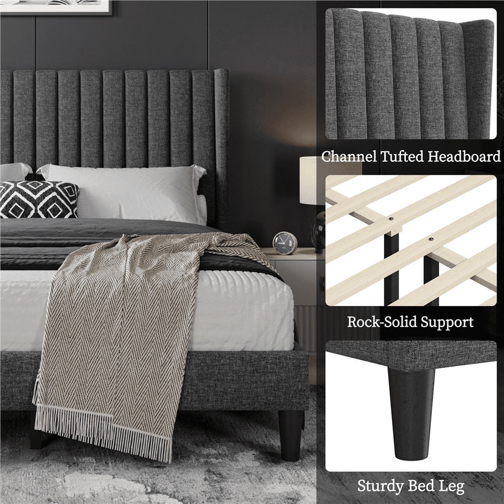Renwick Queen Upholstered Platform Bed Frame with Channel Tufted Headboard, Dark Gray