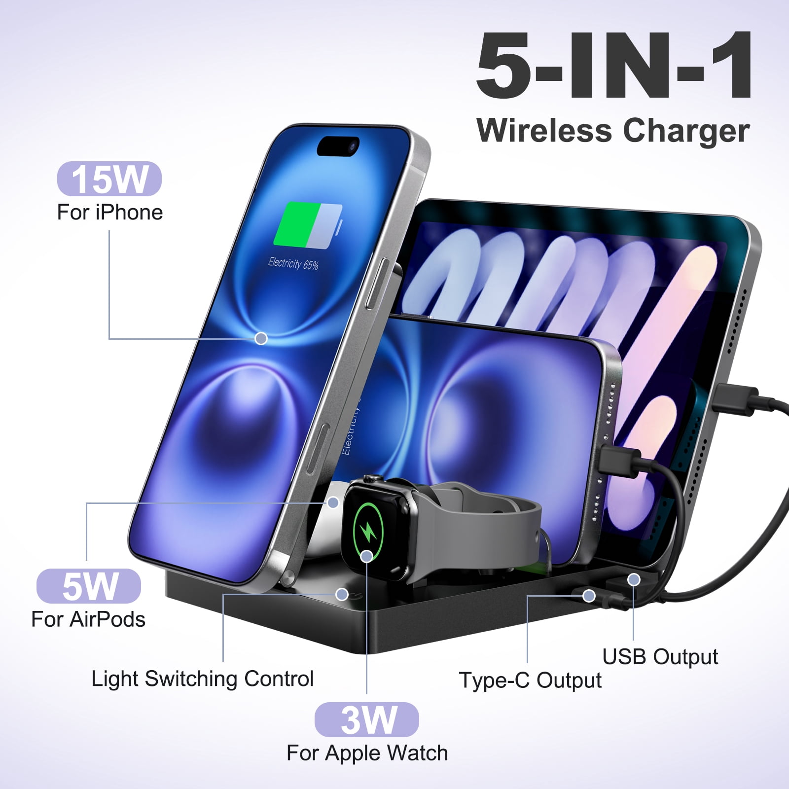 Charging Station, Wireless Charger, 5 in 1 Phone and Watch Charger for iPhone 17 16 15 14 13 12, for Apple Watch, Wireless Charger Station for AirPods 4 3 2, for iPad, Black