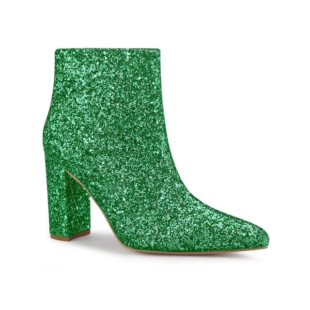 Unique Bargains Bottines Scintillantes à Paillettes pour Femme à Bout Pointu à Talon Épais Bottines Cheville Vert (Taille 9)