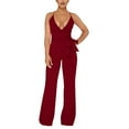 thumbnail image 1 of Mono de mujer de color liso con cuello halter en V y cordones - Conjunto informal elegante para fiesta/día a día - Tejido elástico, 1 of 7