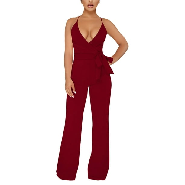 Mono de mujer de color liso con cuello halter en V y cordones - Conjunto informal elegante para fiesta/día a día - Tejido elástico