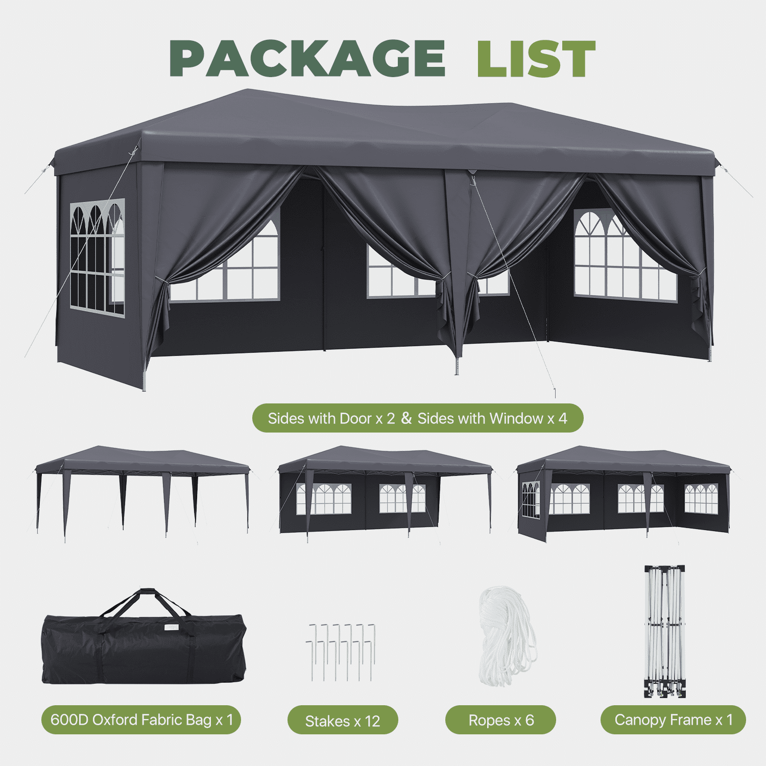 BaPiPro 10'x20' Pop up Canopy Tent, Folding Outdoor Party Wedding Event Tent with 6 Removable Sidewalls, 4 Windows, Portable Instant Shelter Canopy Gazebo, Gray