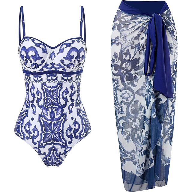 Traje de baño de mujer de cintura alta de una pieza bikini falda larga conjunto push up barriga control monokini sexy traje de baño