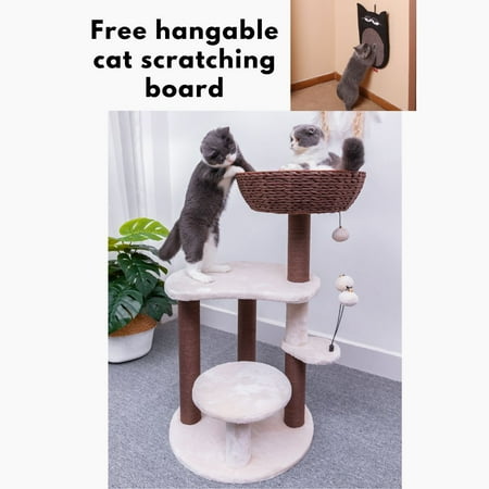 UPC: 0818483016964 | PetPals 35  5-Level Medium Cat Tree with Handwoven Bowl Pom-poms teaser Plush Perch and Basket Scratching Post Tower Climbing Cat Furniture with Free Hangable Cat Scratch Board