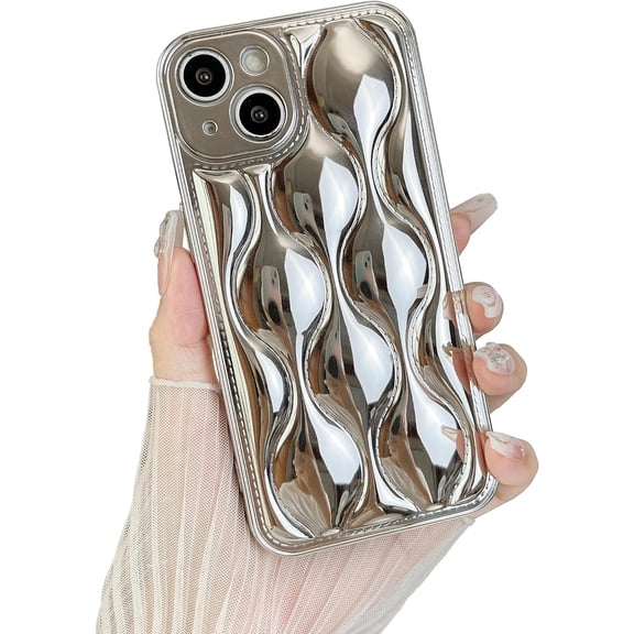 Case for iPhone 13 Pro Max,3D Water Ripple Pattern Chrome Plating Electroplate Non-Yellowing Glossy Case,Soft TPU Full Protection Case for iPhone 13 Pro Max Phone Case 6.7 Inch,Silvery