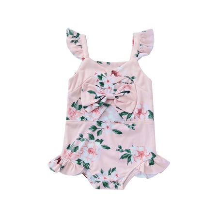 

Huakaishijie Girls One Piece Swimsuits Cut Out Chest Bow Decor Floral Pattern Sleeveless Bathing Suit