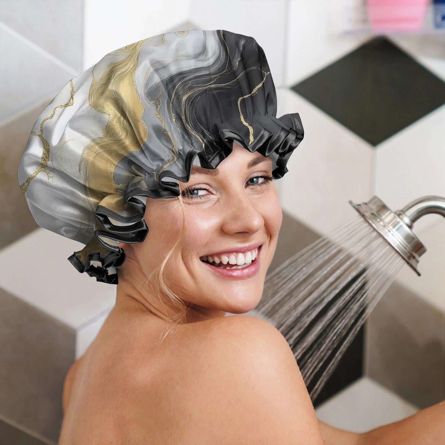 Shower Caps,Black Marble Gold Line Pattern Waterproof Shower Cap for Women 4 Pieces,Double Reusable Hair Cover for Shower PEVA Elastic Stretch Hem