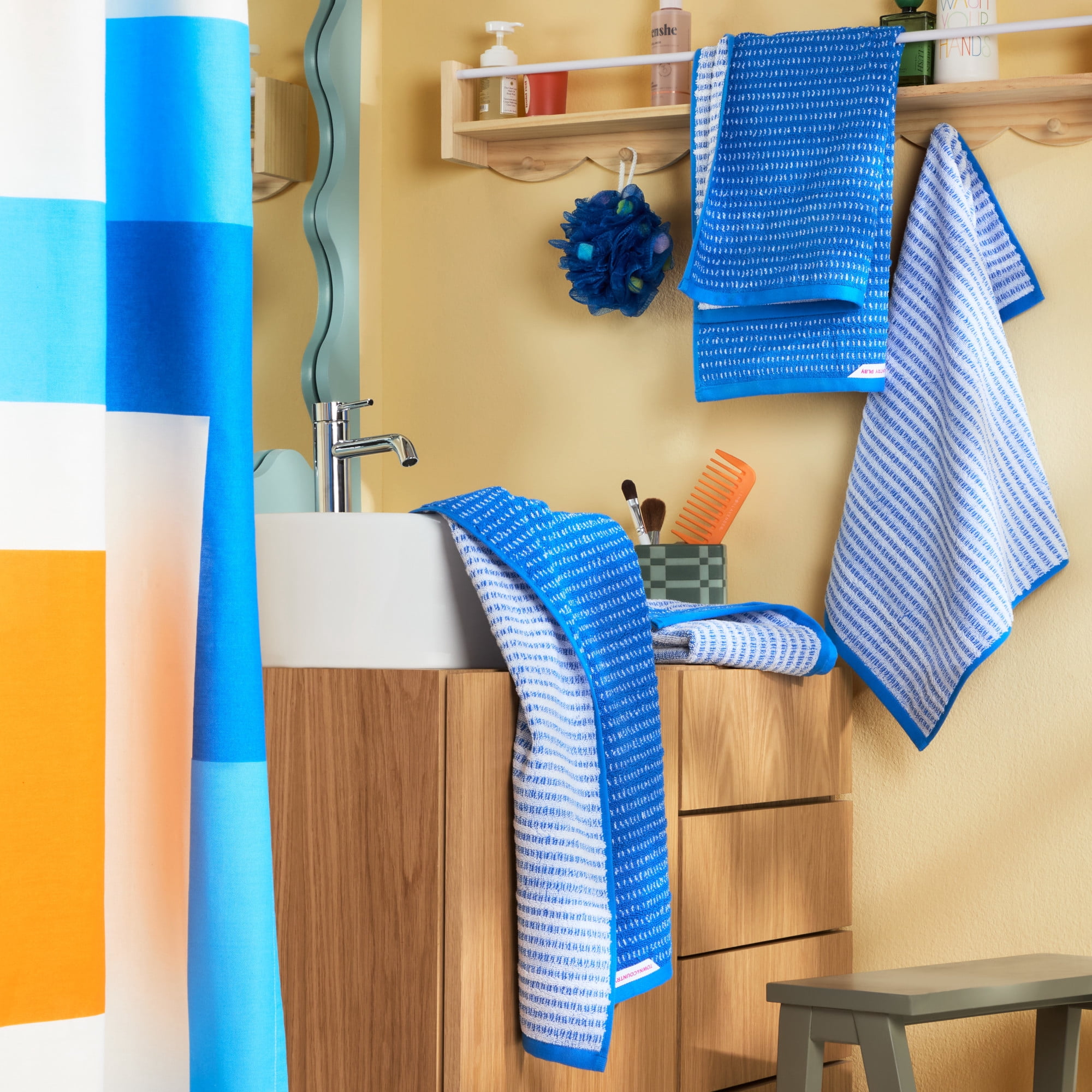 TOWN & COUNTRY PLAY 4-Piece Striped Reversible Terry Brights Hand Towel Set, 20"x30", 100% BCI Cotton, Plush & Absorbent 550GSM, Ocean Blue