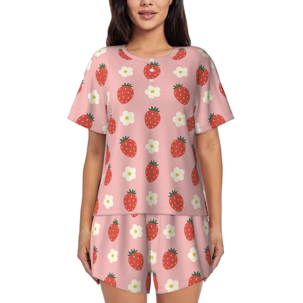 Fotbe Strawberry Conjunto de Pijama Estampado para Mujer, 2 Piezas, Ropa de Dormir con Camiseta de Manga Corta y Shorts Suaves-Small