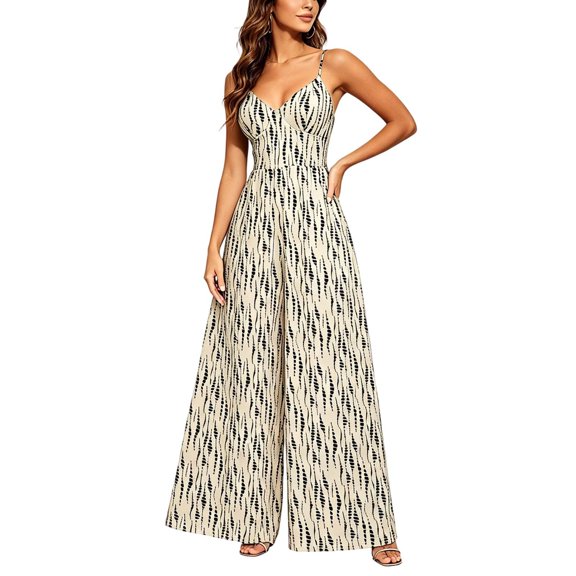 Summer Jumpsuits for Women Abstract Print Spaghetti Strap Jumpsuit V-Neck Wide Leg Pants with Pockets