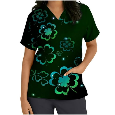 

Taqqpue St Patricks Scrub Tops for Women Plus Size Green Shamrock Clover Print V-Neck Short Sleeve Nursing Working Uniforms St Patricks Day Shirt Blouse Workout Tops Workwear with Pockets on Clearance