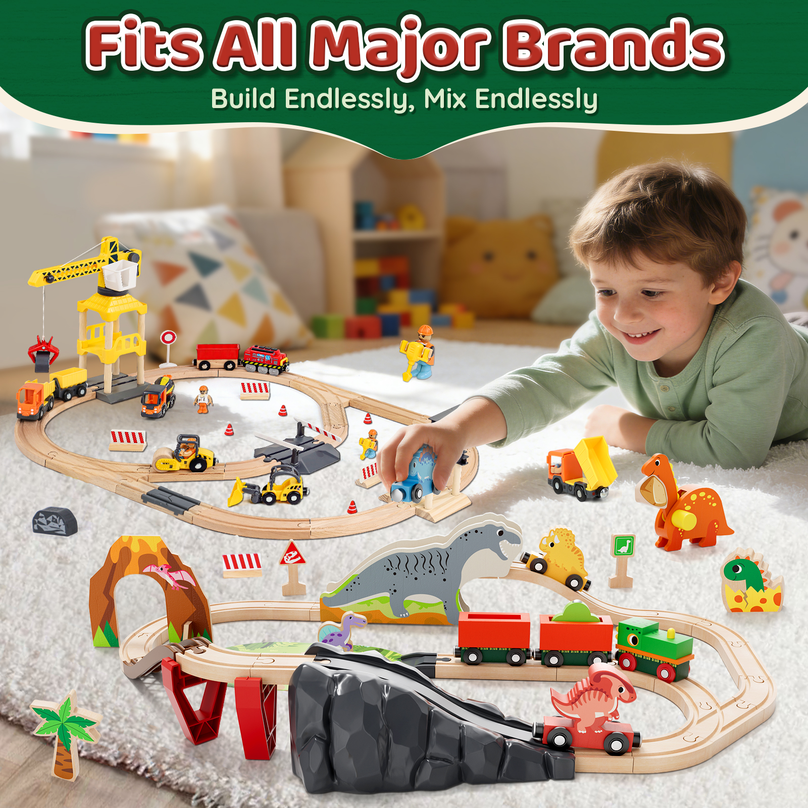 KWANITHINK Wooden Dinosaur Train Set with Tracks photo 5