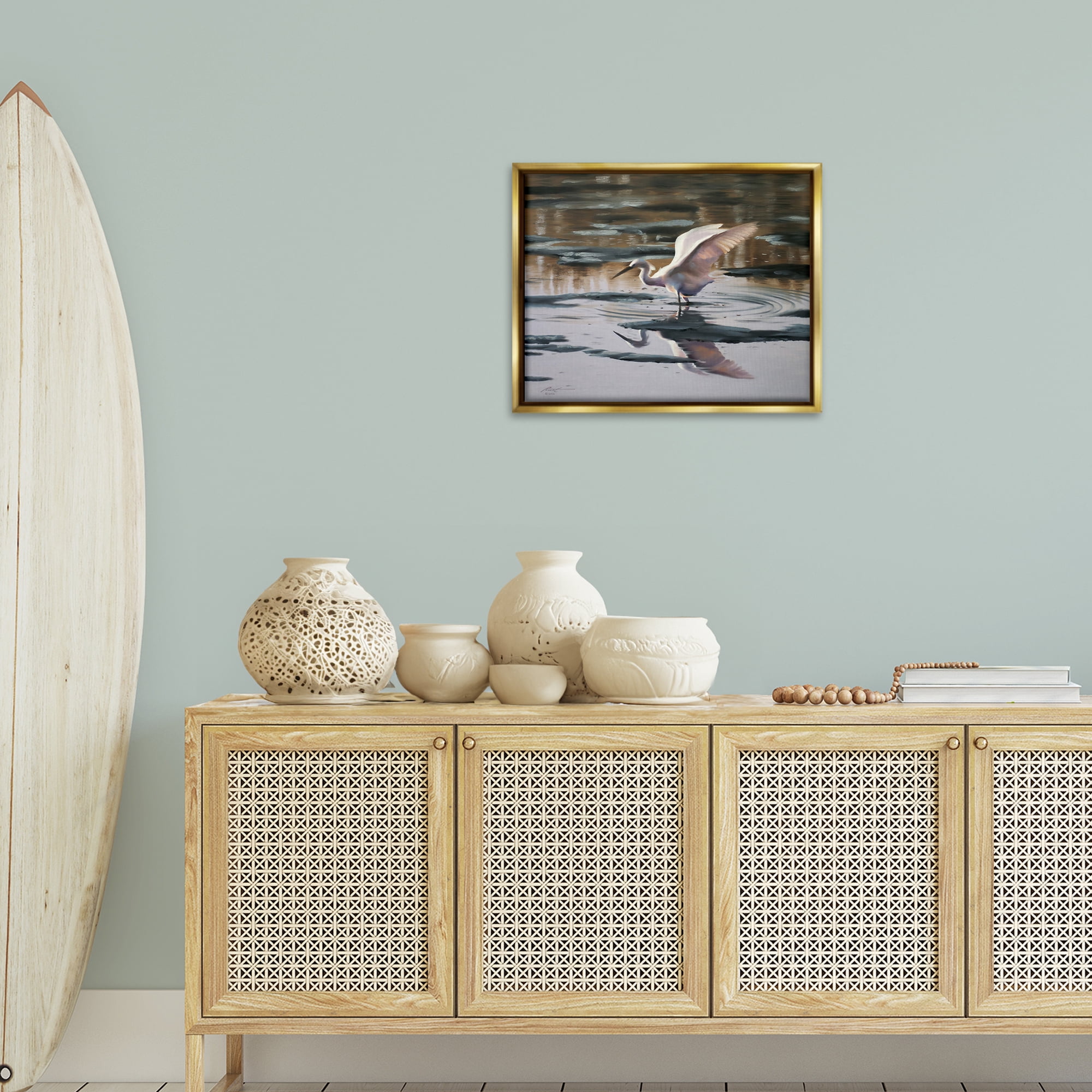Stupell Industries Swan Landing in Water Animals & Insects Painting Gold Floater Framed Canvas Art Print Wall Art, 21 x 17
