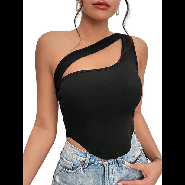 Sujetador Deportivo de un Solo Hombro para Mujer, Sin Mangas, para Entrenamiento, Yoga, Top Corto de Verano Sin Espalda Negro XL