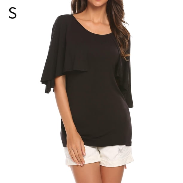 Camiseta de mujer con volantes, cuello redondo, manga corta, blusa informal, top, negro, S Methold AP001341-01