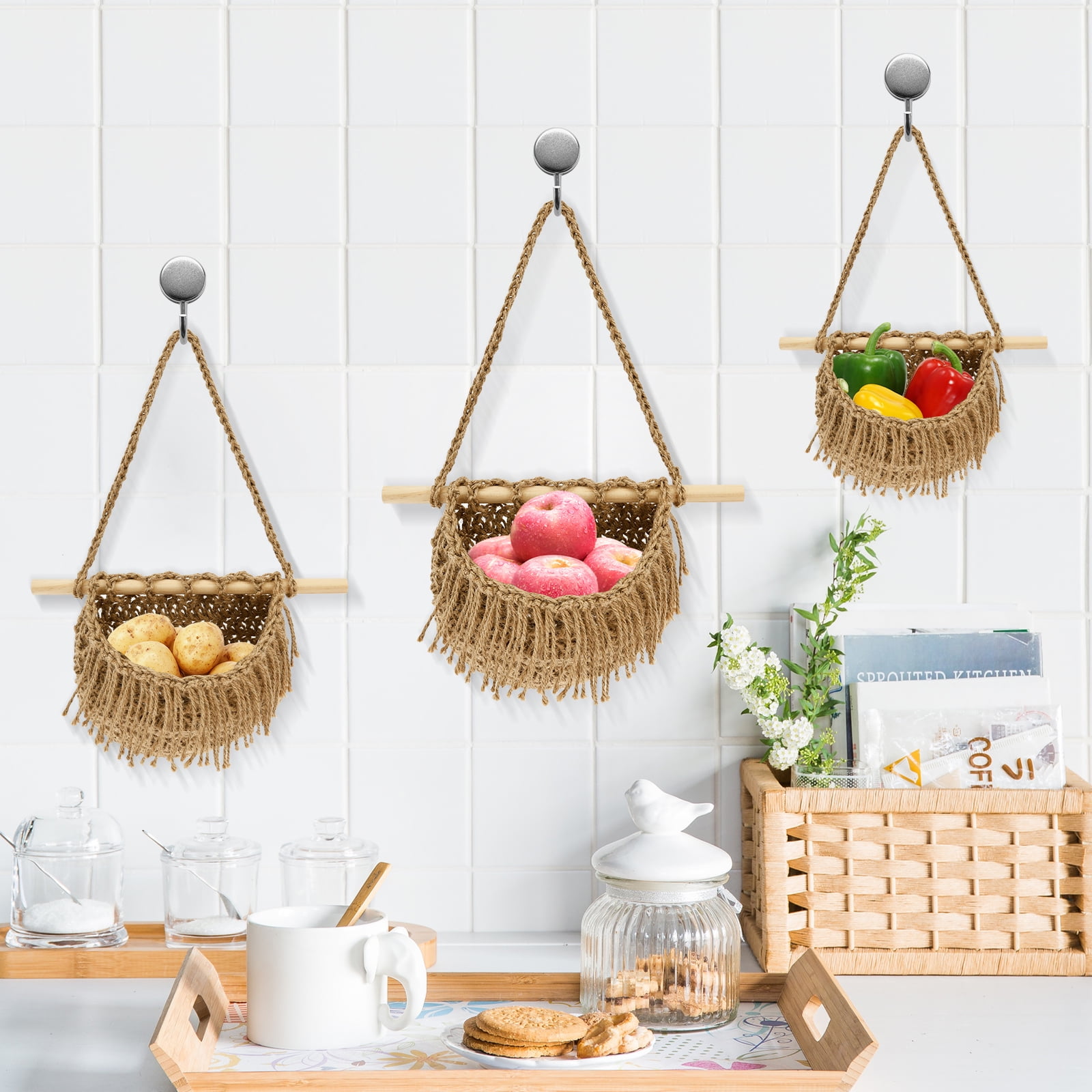 FKSZLL 3 Tier Hanging Fruit Basket Wall Hanging Vegetable Fruit Baskets for Kitchen Twine and Wood Woven Storage Basket for Home Kitchen Bedroom Bathroom