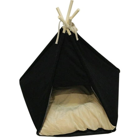- Pet TeePee Tent for Dog & Cat Canvas Foldable House with Beige Cushion Bed Portable House Tent Black