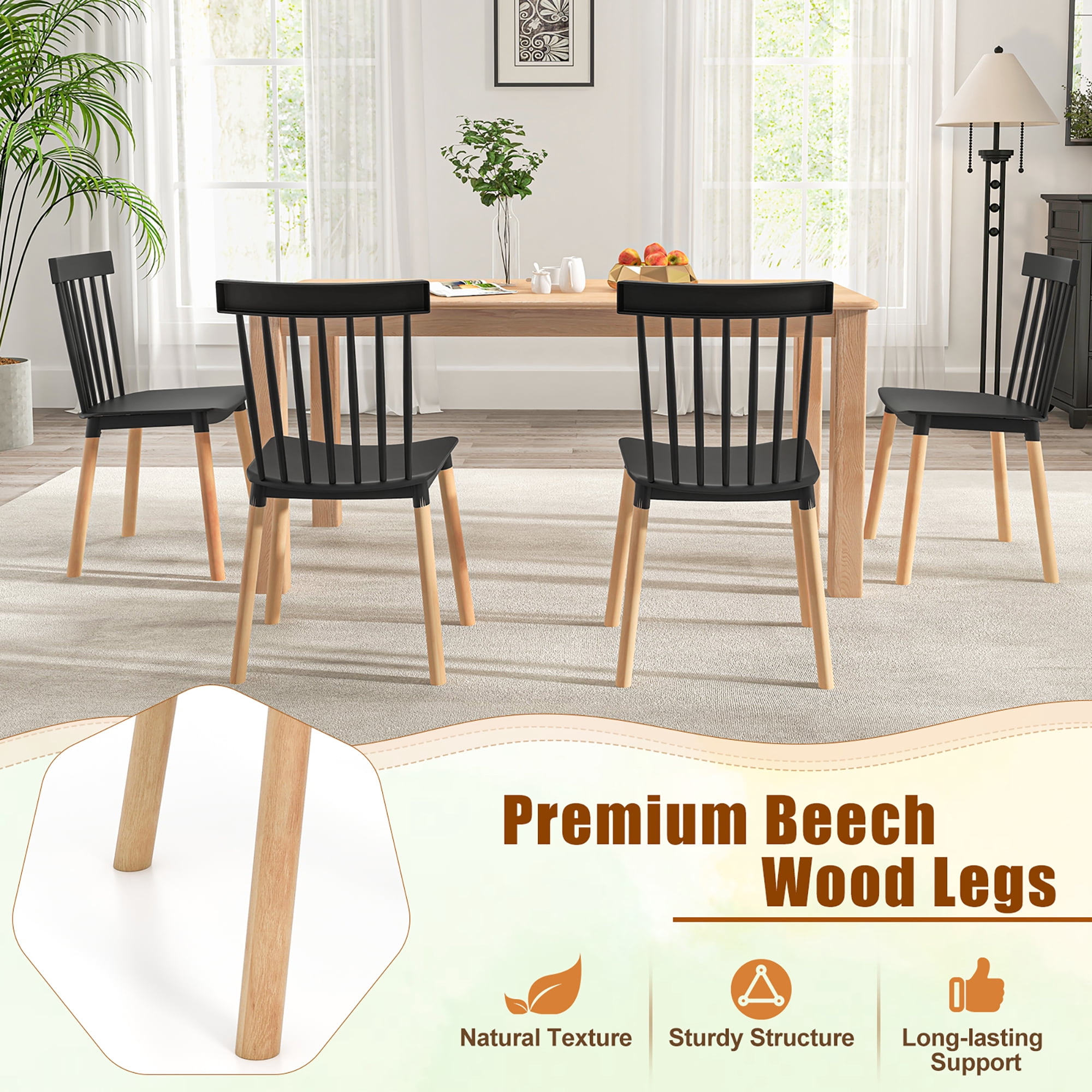 Gymax Set of 4 Windsor Dining Chairs Dining Chairs w/ Spindle Backs & Curved Seats Black