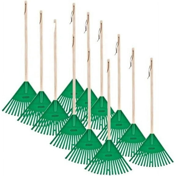 Superio Kids Rake with Hardwood Handle- Durable Plastic Green Head to Sweep Leaves in Lawn and Tidying Up The Garden – 34 “Height (12 Pack)