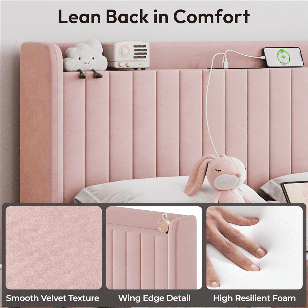 Renwick Upholstered Velvet Bed Frame with Charging Outlets and USB Ports, Queen, Pink