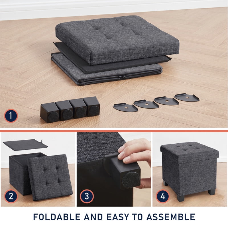 Ornavo Home 15 Inch Folding Storage Ottoman with Storage, Square Cube Linen Small Storage Ottoman Foot Rest Stool with Legs