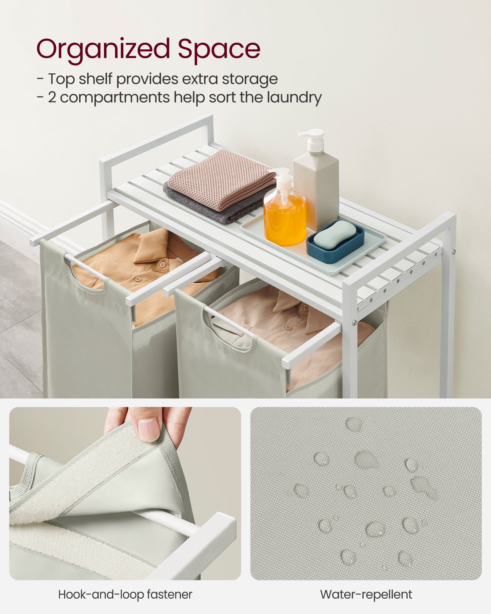 VASAGLE Laundry Hamper, Laundry Basket, Laundry Sorter with 2 Pull-Out and Removable Bags, Shelf, Metal Frame, 2 x 12.1 Gallons