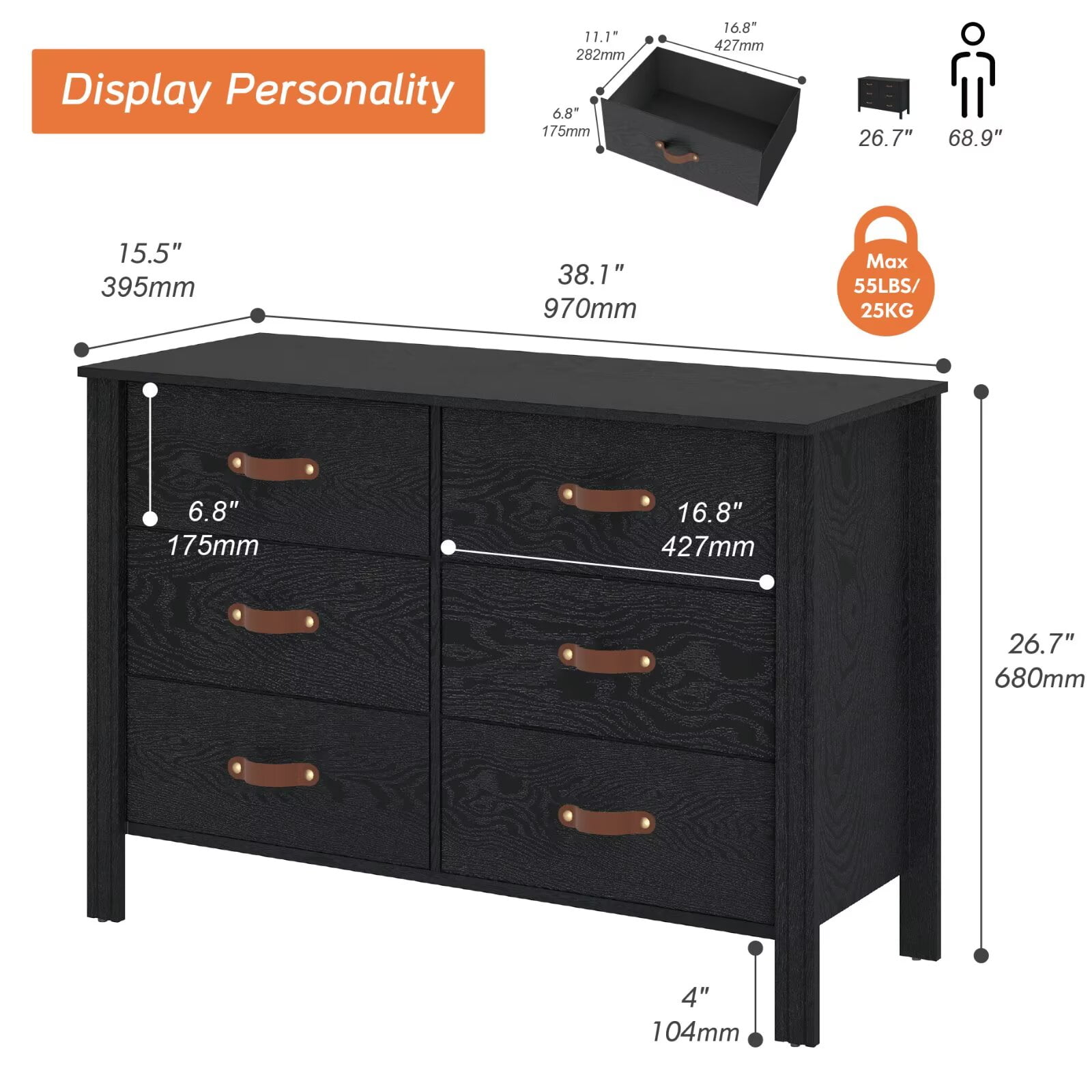 WAMPAT Black Dresser for Bedroom, Wood Dresser with 6 Drawers, Kids Dressers & Chest of Drawers, Classic Storage Cabinet Organizer for Closet, Living Room, Hallway