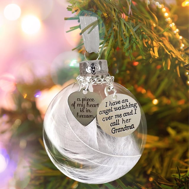 Fiudx Adorno Navideño Conmemorativo, Diseño de Bola de Plumas, Mensaje "Un Trocito de Mi Corazón Está En El Cielo", Elegante Cinta Decorativa, Decoración para Árbol de Navidad, Homenaje a Seres Queri