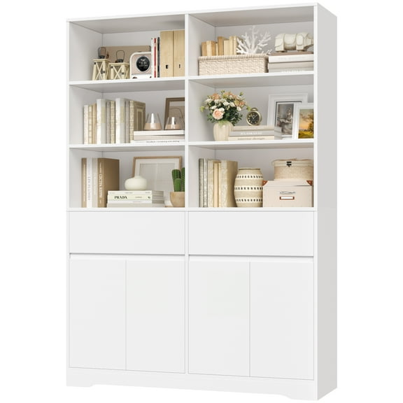 Hiphuta 69"H Modern Bookcases with Doors & Drawers, Large Wooden Display Shelf for Home Office, Wooden Storage Bookshelf for Living Room, White