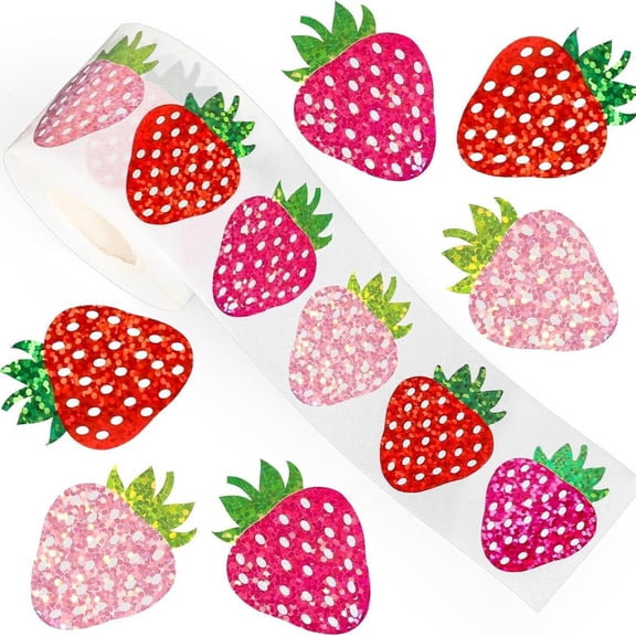 CCOCC 500Pcs Holographic Strawberry Stickers Roll,1.5In Cute Glitter Fruit Labels,Summer Dessert Stickers for Kids,Scrapbooking,Journal,Party Favors,Birthday Gift,Craft Supplies