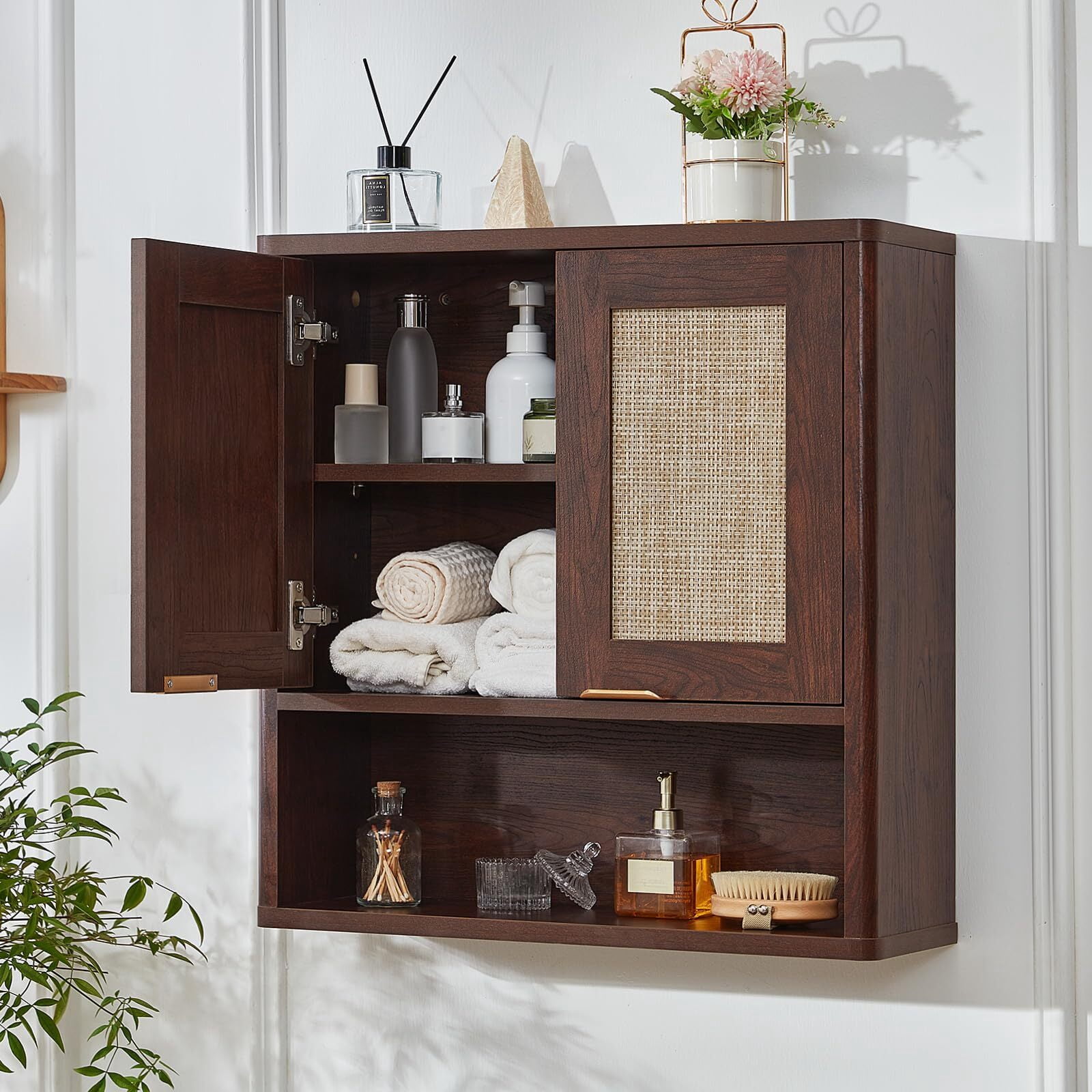 LELELINKY Rattan Wood Bathroom Wall Cabinet with Adjustable Shelf, Boho Medicine Cabinet for over Toilet Storage, Laundry Room, Walnut