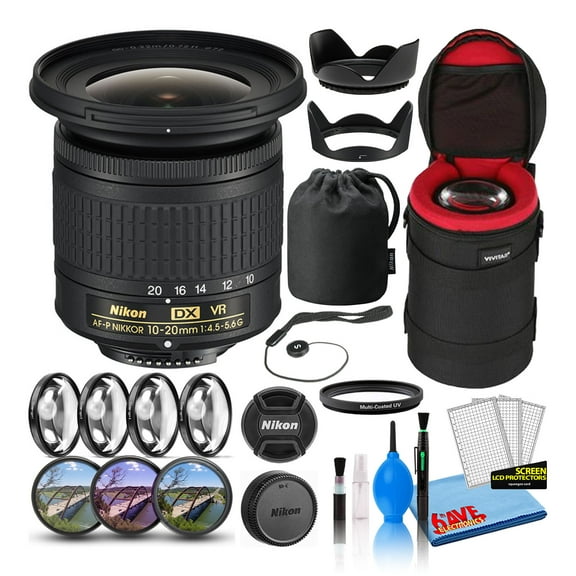 Nikon AF-P DX NIKKOR 10-20mm F/4.5-5.6G VR Lens (20067) Intl with Padded Lens Case Macro Filter Kit UV, CPL, FL Lens Filters Tulip Hood Lens Cap Keeper Cleaning Kit